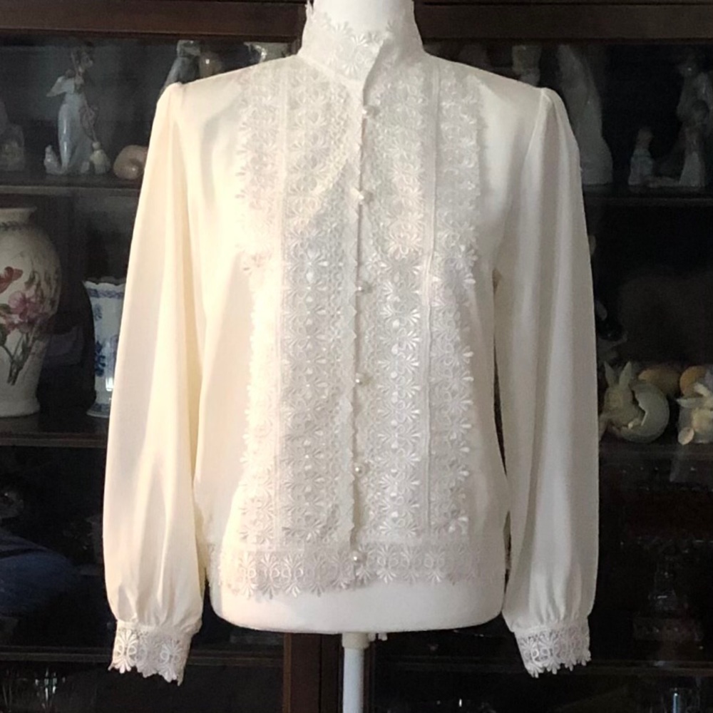 Creme crepe blouse with alencon lace. Size M